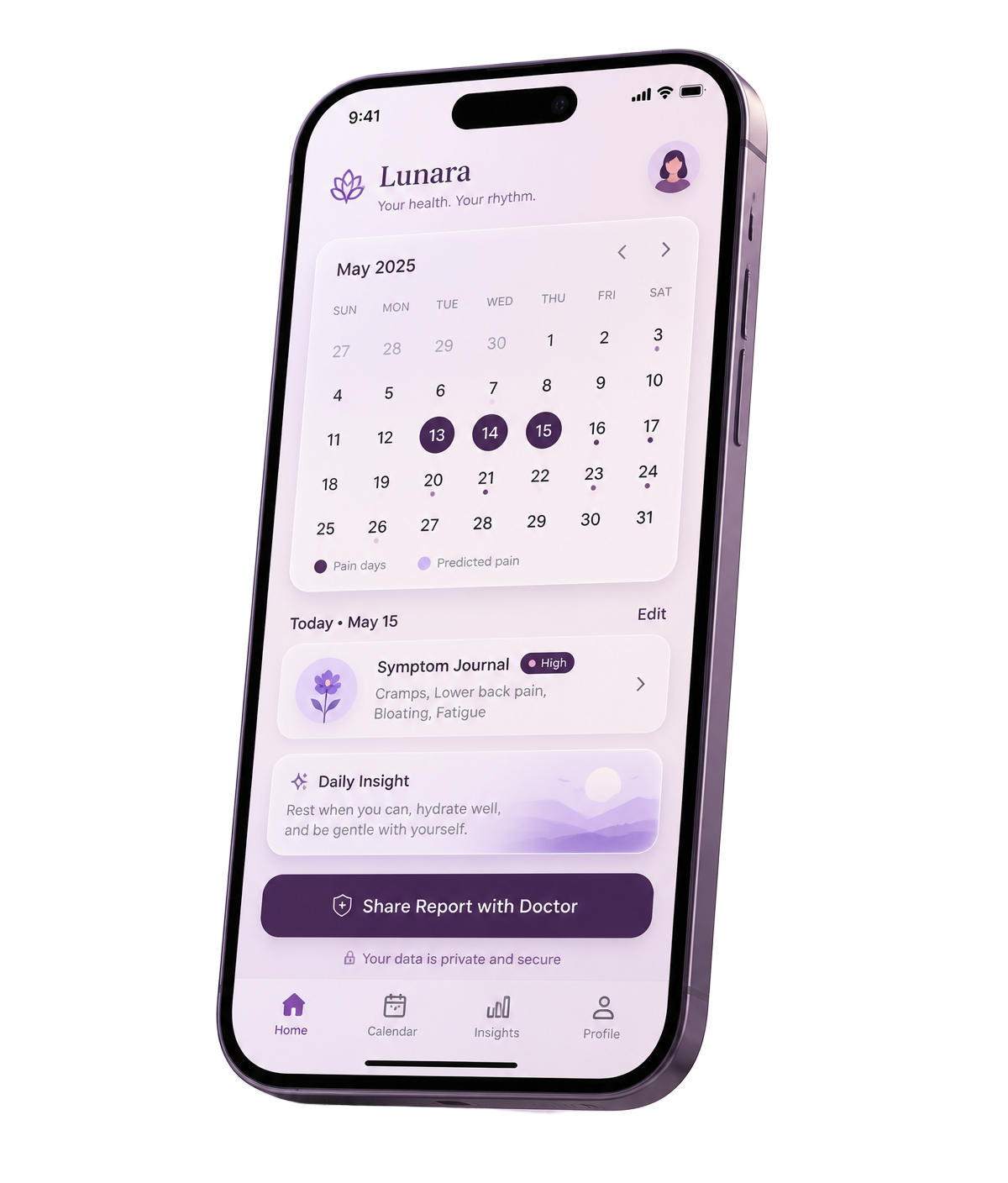ENDORA app showing symptom calendar, journal and visit summary